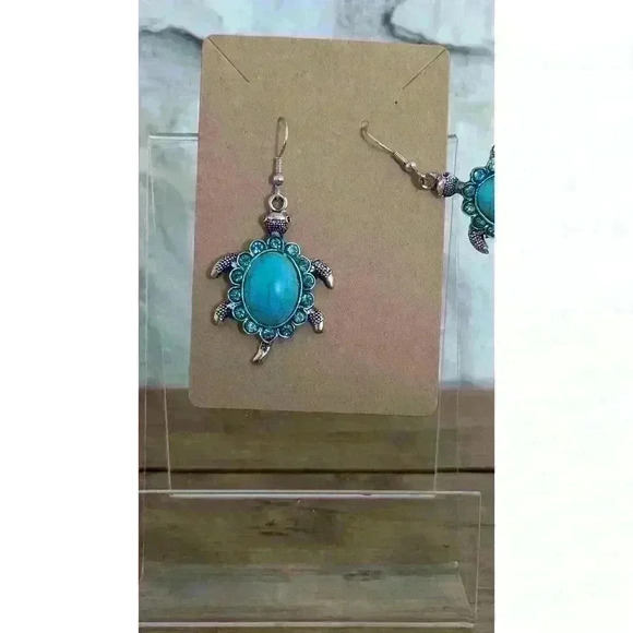 Silver Tone Turquois Turtle Earrings - Picture 4 of 4